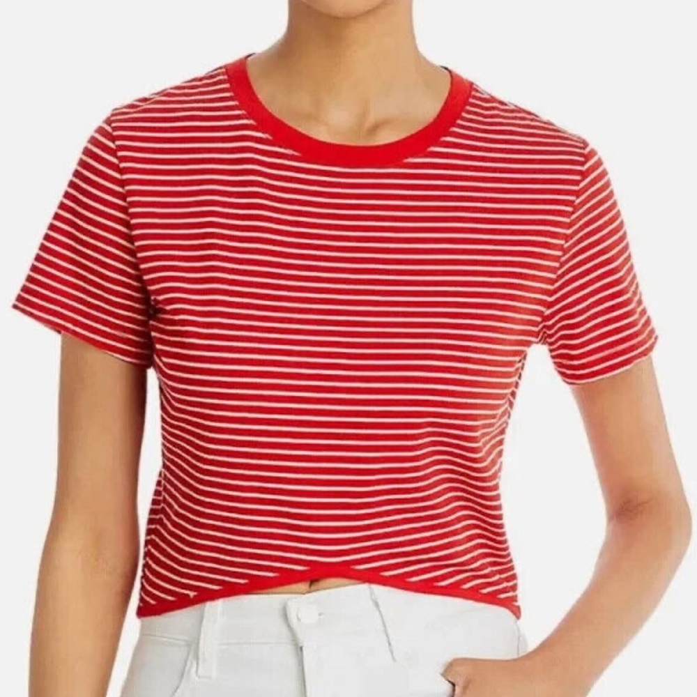 Monrow Women's Red And White Striped Slight Cropped Top New With Tag Large Waldo